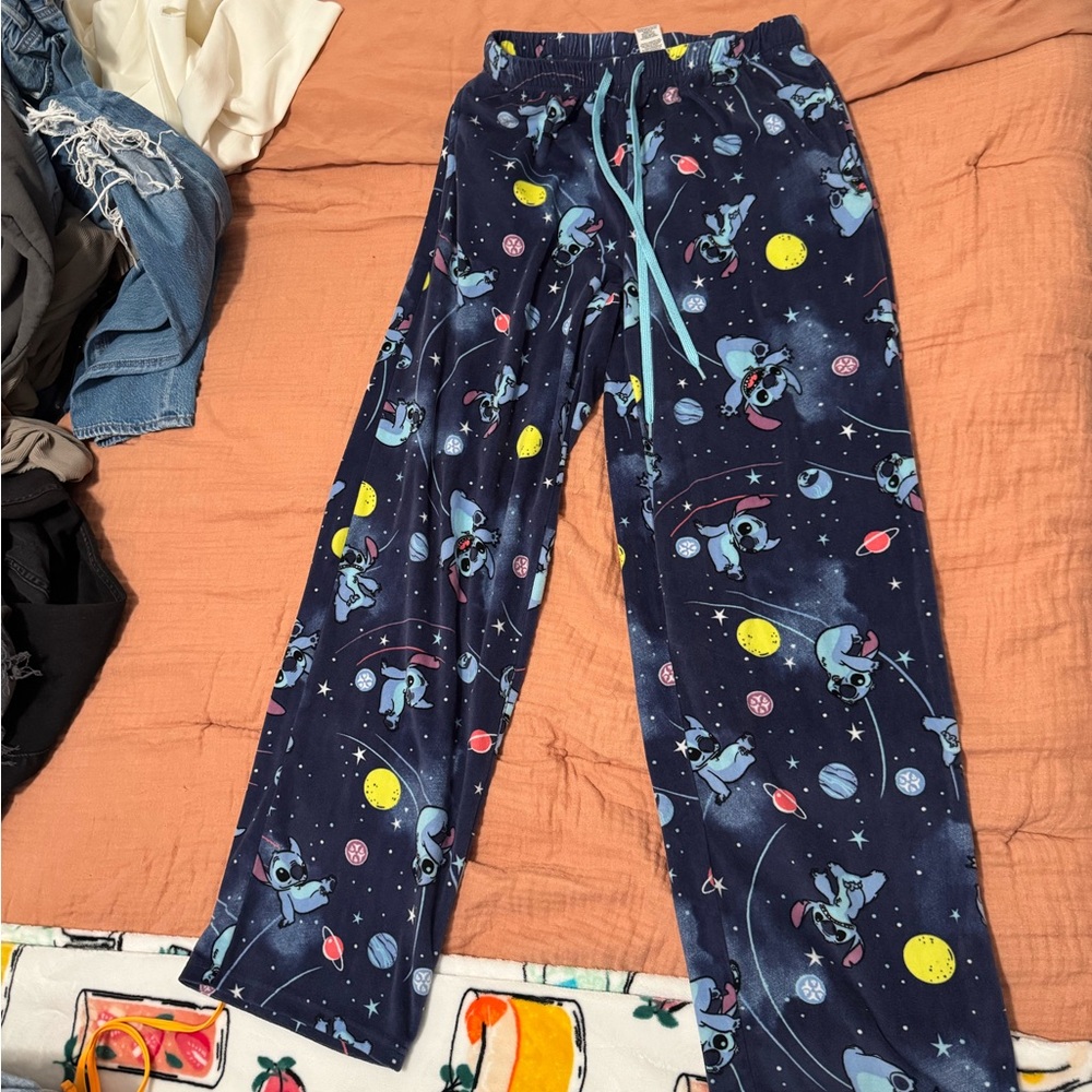Disney Women's Pajama Pants - Navy with Stitch and Space Print